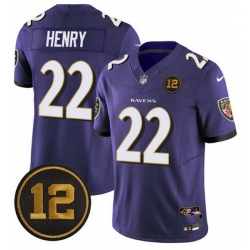 Men Baltimore Ravens 22 Derrick Henry Purple 2025 F U S E  Jacoby Jones Patch Vapor Limited Football Jersey