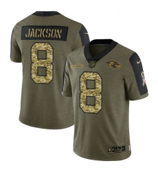 Men Baltimore Ravens 8 Lamar Jackson 2021 Salute To Service Olive Camo Limited Stitched Jersey