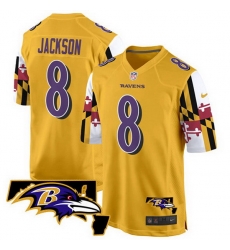 Men Baltimore Ravens 8 Lamar Jackson Gold 2025 Maryland Flag Vapor Limited Football Game Jersey Men Baltimore Ravens 8 Lamar Jackson Gold 2025 Maryland Flag Vapor Limited Football Game Jersey