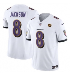 Men Baltimore Ravens 8 Lamar Jackson White 2023 F U S E  With John Madden Patch Vapor Limited Football Jersey