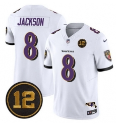 Men Baltimore Ravens 8 Lamar Jackson White 2025 F U S E  Jacoby Jones Patch Vapor Limited Football Jersey
