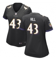 Women Baltimore Ravens 43 Justice Hill Black Football Jersey  Run Small