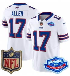 Men Buffalo Bills 17 Josh Allen White 2025 F U S E Farewell Season Gold Shield Patch Stitched Football Jersey Men Buffalo Bills 17 Josh Allen White 2025 F U S E Farewell Season Gold Shield Patch Stitched Football Jersey