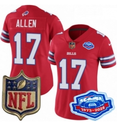 Women Buffalo Bills 17 Josh Allen Red 2025 F U S E Farewell Season Gold Shield Patch Stitched Football Jersey Women Buffalo Bills 17 Josh Allen Red 2025 F U S E Farewell Season Gold Shield Patch Stitched Football Jersey