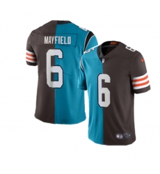 Men Carolina Panthers Cleveland Browns 6 Baker Mayfield Splite Blue Brown Vapor Untouchable Limited Stitched Jersey