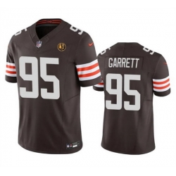 Men Cleveland Browns 95 Myles Garrett Brown 2023 F U S E  With John Madden Patch Vapor Limited Stitched Football Jersey