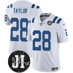 Men Indianapolis Colts 28 Jonathan Taylor White Jim Irsay Patch Vapor Limited Stitched Football Jersey