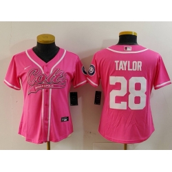 Women Indianapolis Colts 28 Jonathan Taylor Pink With Patch Cool Base Stitched Baseball Jersey 2