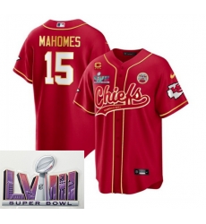 Men Kansas City Chiefs 15 Patrick Mahomes Red With 4 Star C Patch And Super Bowl LVIII Patch Cool Bae Stitched Baseball Jersey