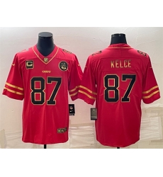 Men Kansas City Chiefs 87 Travis Kelce Red Gold 4 Star C Patch Vapor Untouchable Limited Stitched Jersey