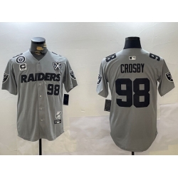 Men Las Vegas Raiders 98 Maxx Crosby Grey With Nevada Silver Stat Patch And 65th Anniversary Patch 3 Star C Patch Stitched Baseball Jersey 2