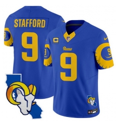 Men Los Angeles Rams 9 Matthew Stafford Royal 2025 4 Star C Patch F U S E  V2 Limited Stitched Football Jersey