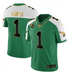 Men Philadelphia Eagles  1 Jalen Hurts Kelly Green Alternate Gold With 3 Star C Patch Stitched Football Jersey