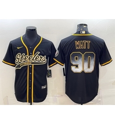 Men Pittsburgh Steelers 90 T J  Watt Black Gold With Patch Cool Base Stitched Baseball Jersey