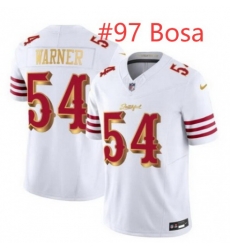 Men San Francisco 49ers Nick Bosa #97 White Gold 2025 F U S E Rivalries Vapor Limited Stitched Football Jersey Men San Francisco 49ers Nick Bosa #97 White Gold 2025 F U S E Rivalries Vapor Limited Stitched Football Jersey