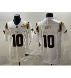 Men New England Patriots 10 Drake Maye White Gold 2025 F U S E  Super Bowl LX Patch Vapor Limited Stitched Football Jersey