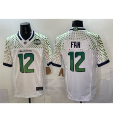 Men Seattle Seahawks  12 Fan White 2025 F U S E   Rivalries  NFC West Division Champions Patch Vapor Untouchable Limited Stitched Football Jersey