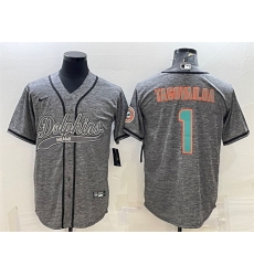 Men Miami Dolphins 1 Tua Tagovailoa Grey With Patch Cool Base Stitched Baseball Jersey