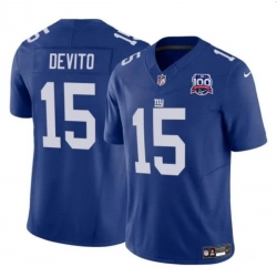 Men New York Giants 15 Tommy DeVito Blue 2024 F U S E  100TH Season Patch Vapor Untouchable Limited Stitched Jersey