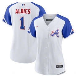 Women Atlanta Braves 1 Ozzie Albies White 2023 City Connect Stitched Baseball Jersey