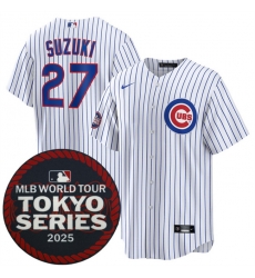 Men Chicago Cubs 27 Seiya Suzuki White 2025 World Tour Tokyo Series Home Stitched Baseball Jersey