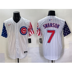 Men Chicago Cubs 7 Dansby Swanson White Pinstripe 2025 Independence Day Vapor Premier Limited Stitched Baseball Jersey