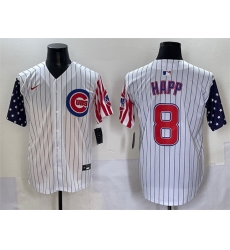 Men Chicago Cubs 8 Ian Happ White Pinstripe 2025 Independence Day Vapor Premier Limited Stitched Baseball Jersey