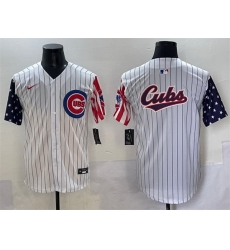 Men Chicago Cubs Team Big Logo White Pinstripe 2025 Independence Day Vapor Premier Limited Stitched Baseball Jersey