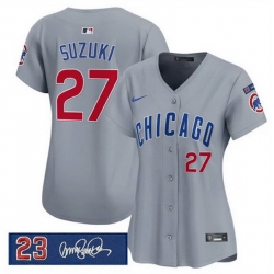 Women Chicago Cubs 27 Seiya Suzuki Gray Ryne Sandberg Tribute Vapor Limited V3 Stitched Baseball Jersey
