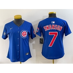 Women Chicago Cubs 7 Dansby Swanson Royal Ryne Sandberg Tribute Vapor Limited V2 Stitched Baseball Jersey