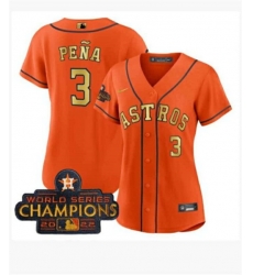 Women Houston Astros 3 Jeremy Pena Orange Gold 2022 World Series Champions Stitched Baseball Jersey Women Houston Astros 3 Jeremy Pena Orange Gold 2022 World Series Champions Stitched Baseball Jersey
