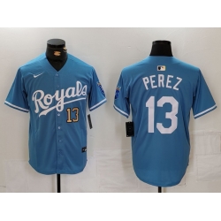 Men Kansas City Royals 13 Salvador Perez Light Blue Cool Base Stitched Jersey 1