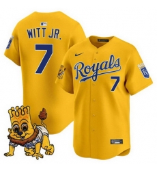 Men Kansas City Royals 7 Bobby Witt Jr Gold Sluggerrr Patch Vapor Limited Stitched Baseball Jersey Men Kansas City Royals 7 Bobby Witt Jr Gold Sluggerrr Patch Vapor Limited Stitched Baseball Jersey