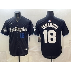 Men Los Angeles Dodgers  18 Yoshinobu Yamamoto Black 2025 World Series Champions Patch  Gothic Edition  Vapor Premier Limited Stitched Baseball Jersey