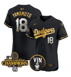 Men Los Angeles Dodgers 18 Yoshinobu Yamamoto Black Gold 2024 World Series Champions With Vin Patch Vapor Limited Stitched Baseball Jersey