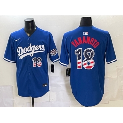 Men Los Angeles Dodgers  18 Yoshinobu Yamamoto Blue USA 250 Fourth of July Stitched Baseball Jersey