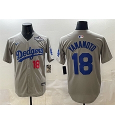 Men Los Angeles Dodgers 18  Yoshinobu Yamamoto Grey 2025 World Series Patch Limited Stitched Baseball Jersey