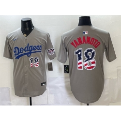 Men Los Angeles Dodgers  18 Yoshinobu Yamamoto Grey USA 250 Fourth of July Stitched Baseball Jersey