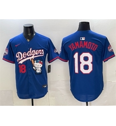 Men Los Angeles Dodgers  18 Yoshinobu Yamamoto Royal Hello Kitty Night 2025 World Series Champions Patch Stitched Baseball Jersey