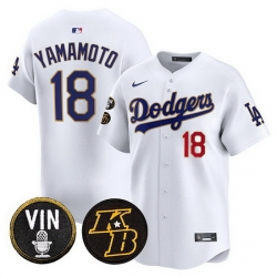 Men Los Angeles Dodgers  18 Yoshinobu Yamamoto White 2026 Vin   Kobe Patch Gold Trim Vapor Premier Limited Stitched Baseball Jersey