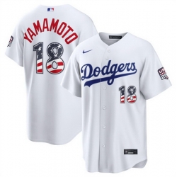 Men Los Angeles Dodgers  18 Yoshinobu Yamamoto White USA 250 Fourth of July Home Stitched Baseball Jersey
