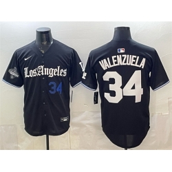Men Los Angeles Dodgers  34 Fernando Valenzuela Black 2025 World Series Champions Patch  Gothic Edition  Vapor Premier Limited Stitched Baseball Jersey
