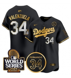 Men Los Angeles Dodgers 34 Toro Valenzuela Black Gold 2024 World Series With Fernando Memorial Patch Limited Stitched Baseball Jersey