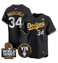 Men Los Angeles Dodgers 34 Toro Valenzuela Black Gold 2024 World Series With Vin  26 Kobe Patch Limited Stitched Baseball Jersey