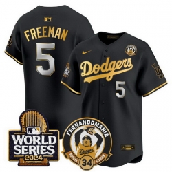 Men Los Angeles Dodgers  5 Freddie Freeman Black Gold Fernando Valenzuela   2024 World Series Patch Limited Stitched Baseball Jersey