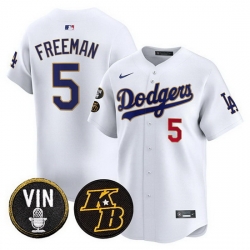 Men Los Angeles Dodgers  5 Freddie Freeman White 2026 Vin   Kobe Patch Gold Trim Vapor Premier Limited Stitched Baseball Jersey