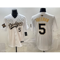 Men Los Angeles Dodgers 5 Freddie Freeman White Gold 2025 World Series Champions Patch Limited Stitched Baseball Jersey
