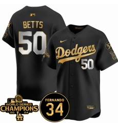 Men Los Angeles Dodgers 50 Mookie Betts Black Gold 2024 World Series Champions  26 Fernando Memorial Patch Vapor Premier Limited Stitched Baseball Jersey