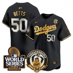 Men Los Angeles Dodgers  50 Mookie Betts Black Gold Fernando Valenzuela   2024 World Series Patch Limited Stitched Baseball Jersey