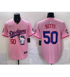 Men Los Angeles Dodgers  50 Mookie Betts Pink Hello Kitty Night 2025 World Series Champions Patch Stitched Baseball Jersey